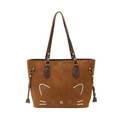 Grand sac cabas vintage marron avec motif de chat et détails de cordon latéral - Marron