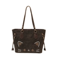 Grand sac cabas marron foncé avec motif de chat blanc minimaliste et détails dorés - Marron