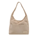 Bolso tote grande de pana beige con bolsillo delantero y detalle de etiqueta moda - Caqui