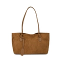 Bolso tote de ante marrón con costuras decorativas y correas largas para el hombro - Marrón