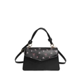 Black floral square handbag with pink bow print and golden metal rings on white background - Floral Bowknot Style / Black