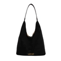 Bolso tote de ante negro mate con correa larga para el hombro y logotipo dorado - Negro