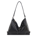 Minimalist black leather large capacity tote bag with adjustable shoulder strap and gold zipper - Black