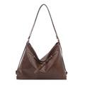 Large dark coffee faux leather tote bag with soft texture and adjustable shoulder strap - Brown