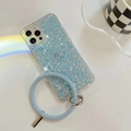Detail of glitter iPhone case with blue sparkle finish and matching silicone wrist strap - Blue / iPhone 7/8/SE 2020