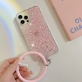 Pink glitter phone case for iPhone 16 with matching silicone wrist strap and metal charm - Pink / iPhone 7/8/SE 2020