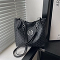 Large capacity black tote bag with M-letter monogram print and silver metal logo - Black