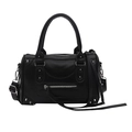 Classic black motorcycle crossbody bag with rivets and tassel details on white background - Black
