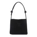 Minimalist black faux suede tote bag with knotted shoulder strap and embossed fashion text - Black