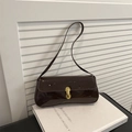 Retro dark brown patent leather underarm bag with gold metal buckle and glossy finish - Brown