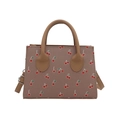 Pink cherry print tote bag with brown handles and a detachable shoulder strap - Khaki