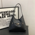 Vintage Umhängetasche für Damen mit großer Kapazität, schwarzem Webmuster und Schnalle - Schwarz