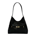 Vintage Hobo-Schultertasche in Schwarz mit Webmuster, Gold-Schnalle und Lederriemen - Klassisches Schwarz