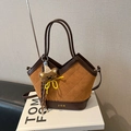 Brown suede bucket bag with diamond quilting, leather trim and cute bear charm - Brown with Pendant