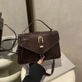Dark brown crocodile embossed crossbody bag with golden buckle and glossy finish - Crocodile / Coffee No Pendant