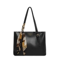 Retro black leather tote bag with printed silk scarf handle and gold hardware detail - Black