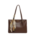 Minimalist dark brown leather tote bag for women with decorative floral silk scarf - Brown