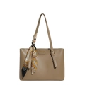 Classic large khaki tote bag with decorative silk scarf and embossed fashion leather logo - Khaki