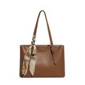 Brown leather tote bag with decorative silk scarf and front embossed fashion label - Brown