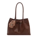 Brown faux leather tote bag with long straps and a plush puppy pendant on white background - Brown With Pendant