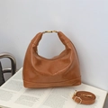 Brown leather half-moon shoulder bag with gold clasp and embossed letters on magazine - Brown