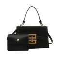 Vintage zwarte lederen crossbody tas set met gouden geometrische gesp en mini tasje - Zwart Met Mini-tas