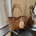 Vintage brown large capacity tote bag in PU leather with a cute plush dog charm - With Ornament / Brown