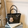 Large capacity black matte leather tote bag with gold buckle and plush bear pendant - With Ornament / Black