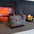 Grey woven tote bag with dark red leather trim and metal buckle for women - Black