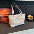 Minimalist white woven tote bag with leather trim and large capacity for daily commuting - White