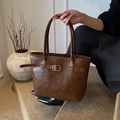 Large dark brown tote bag in faux leather with gold buckle detail and long handles - No Pendant / Brown