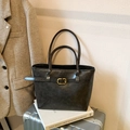 Dark grey matte PU leather tote bag with vintage buckle and gold hardware for women - No Pendant / Black