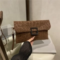 Brown leopard print suede clutch bag with black matte square buckle and wrist strap - Brown