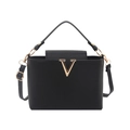 Black pebbled leather tote bag with a gold V-shaped buckle and adjustable shoulder strap - Black