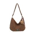 Dark brown canvas hobo bag with heart bow prints and a cute plush bear pendant - With Ornament / Brown