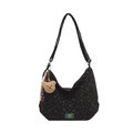 Black canvas hobo bag with floral print and bear charm on adjustable shoulder strap - With Ornament / Black