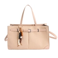 Borsa tote intrecciata beige con finiture in pelle e ciondolo di perline stile spiaggia - Bianco Sporco con Ciondolo