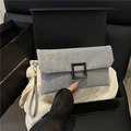 Gray leopard print envelope clutch bag with black buckle and detachable wrist strap - Gray