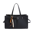 Retro black tote bag in twill fabric and leather with a colorful beaded pendant charm - Black with Pendant