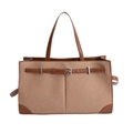 Brown leather and beige fabric tote bag with buckle and long handles for commuting - Coffee No Pendant