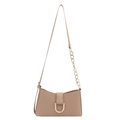 Borsa a spalla beige in ecopelle con bordo curvo e catena dorata su sfondo bianco - Cachi