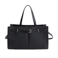 Minimalist black tote bag with textured fabric and elegant silver buckle leather strap - Black