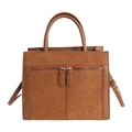 Minimalist tan suede tote bag with double zippers and cylindrical top handles - Brown