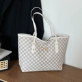 Chic cream large-capacity tote bag with grey M monogram print and golden bow detail - White
