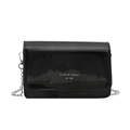 Minimalist black patent leather shoulder bag with silver chain strap and logo detail - Black