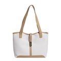 Bolso tote tejido retro crema con ribete marrón y hebilla dorada para uso diario - Blanco & Caqui