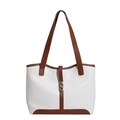 Bolso tote minimalista de cuero tejido blanco con asas marrones y cierre dorado - Blanco y Marrón