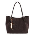 Grande borsa tote in finta pelle scamosciata marrone scuro con ciondolo di perline - Caffè Con Ciondolo