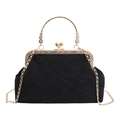 Elegante schwarze Samt-Umhängetasche mit goldenem Blumengriff und Leopardenmuster-Kette - Schwarz