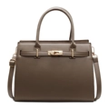 Classic brown Saffiano leather handbag with top handle and gold metal lock detail - Khaki